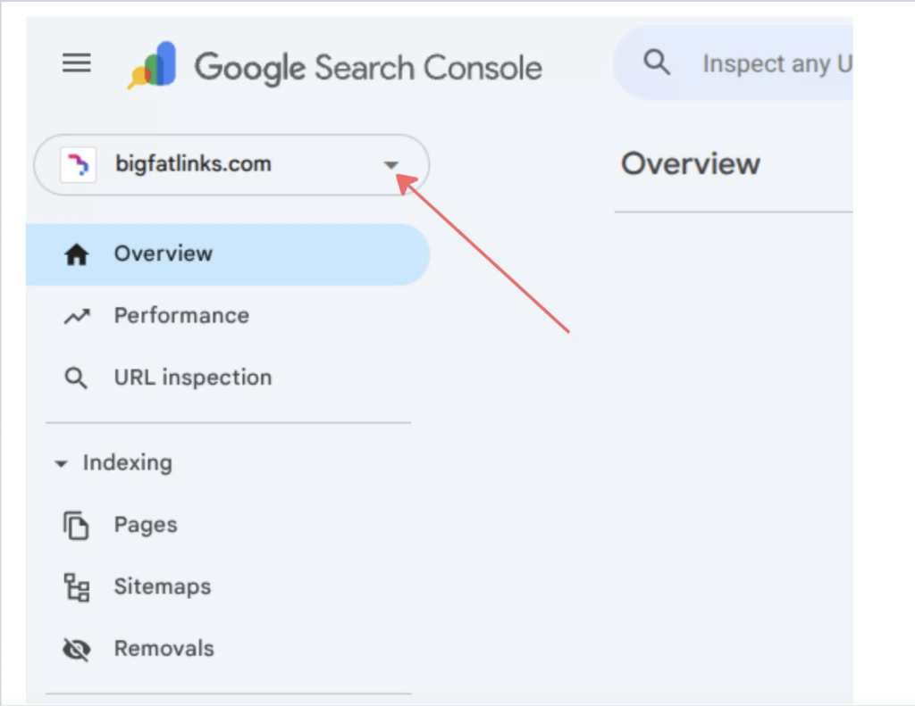 Screenshot of the Google Search Console dashboard showing the selected website property (bigfatlinks.com) in the property selector dropdown. A red arrow highlights the dropdown menu used to switch between Search Console properties.
