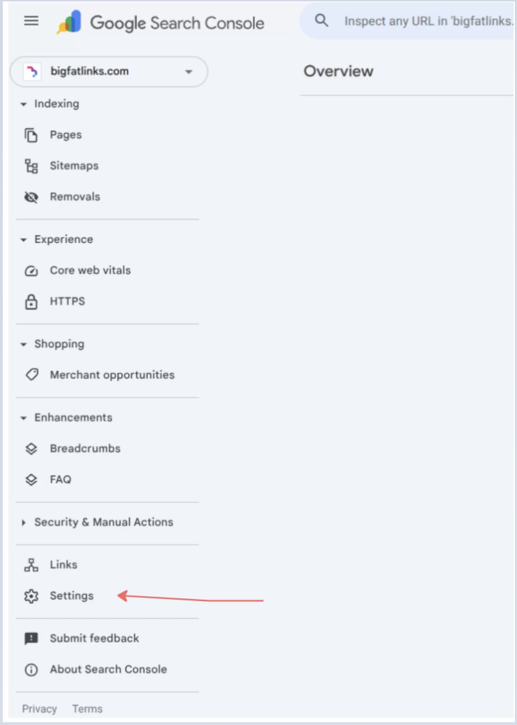 Screenshot of the Google Search Console dashboard navigation menu with the Settings option highlighted by a red arrow. The sidebar displays indexing, Core Web Vitals, HTTPS, enhancements, links, and settings, demonstrating where to access Search Console property settings.