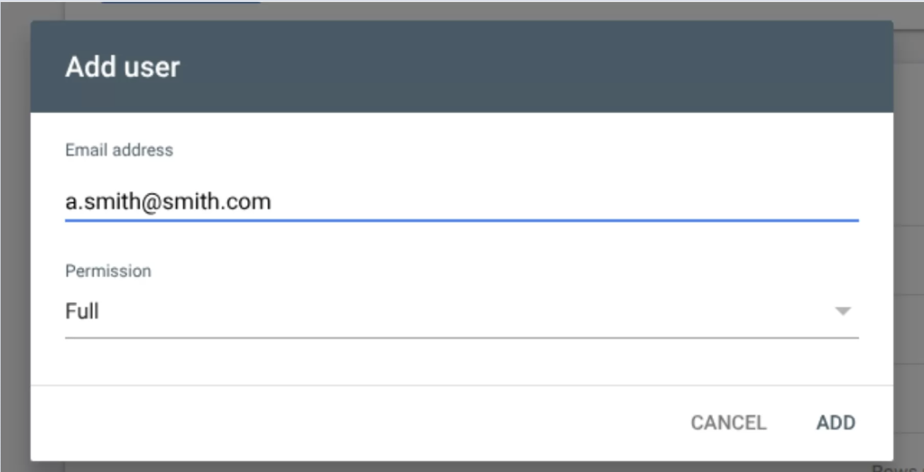Screenshot of the Google Search Console Add user dialog showing fields to enter an email address and assign a permission level. The permission is set to Full, with Cancel and Add buttons displayed, illustrating how to grant full access to another user in Google Search Console.