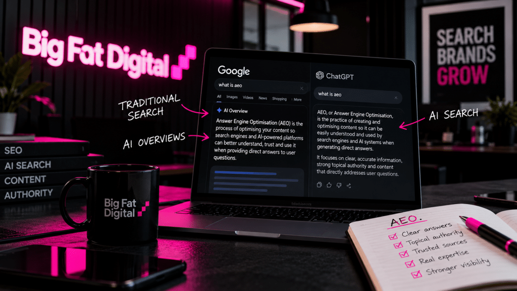 big fat digital sign with laptop showing google vs chatgpt aeo search