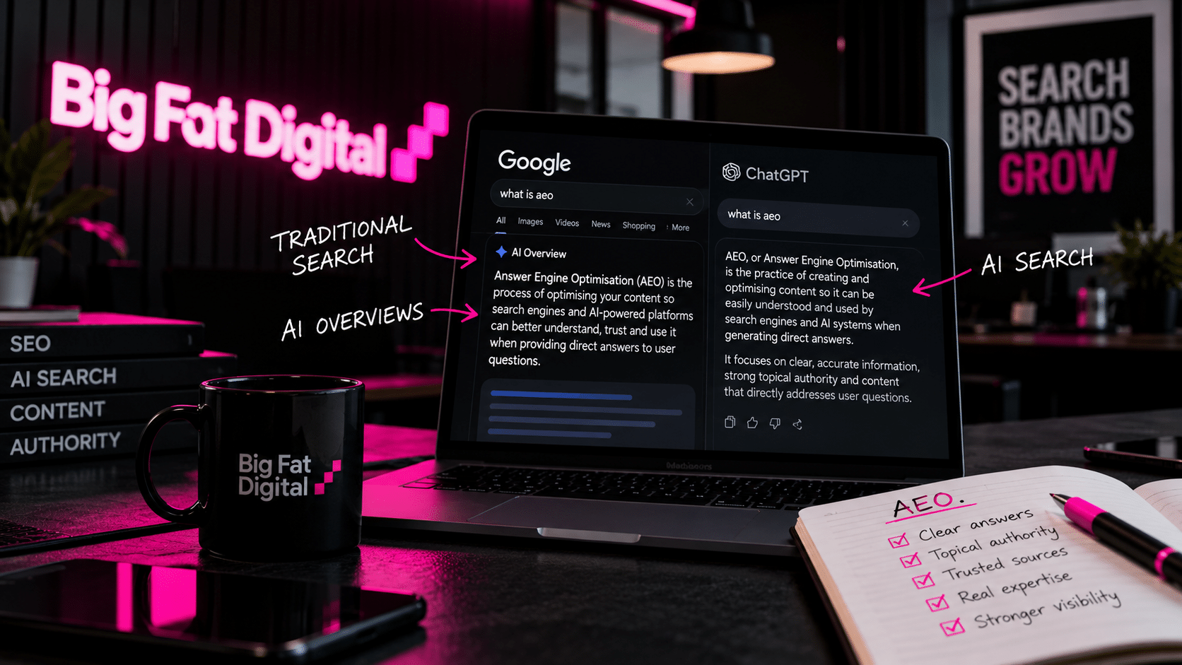 big fat digital sign with laptop showing google vs chatgpt aeo search