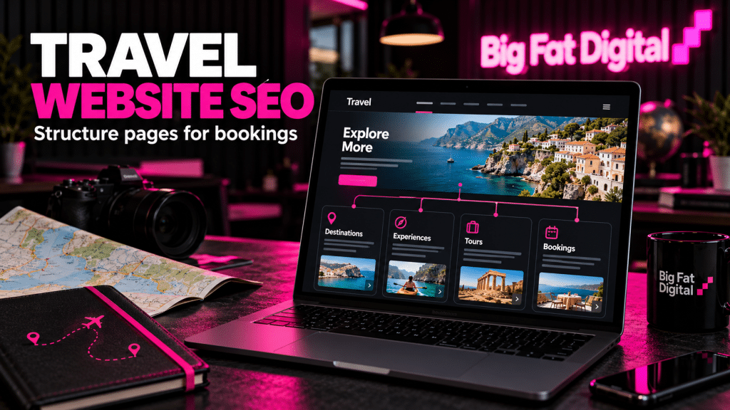 Travel website SEO page structure illustrated on a laptop in Big Fat Digital’s pink-lit workspace